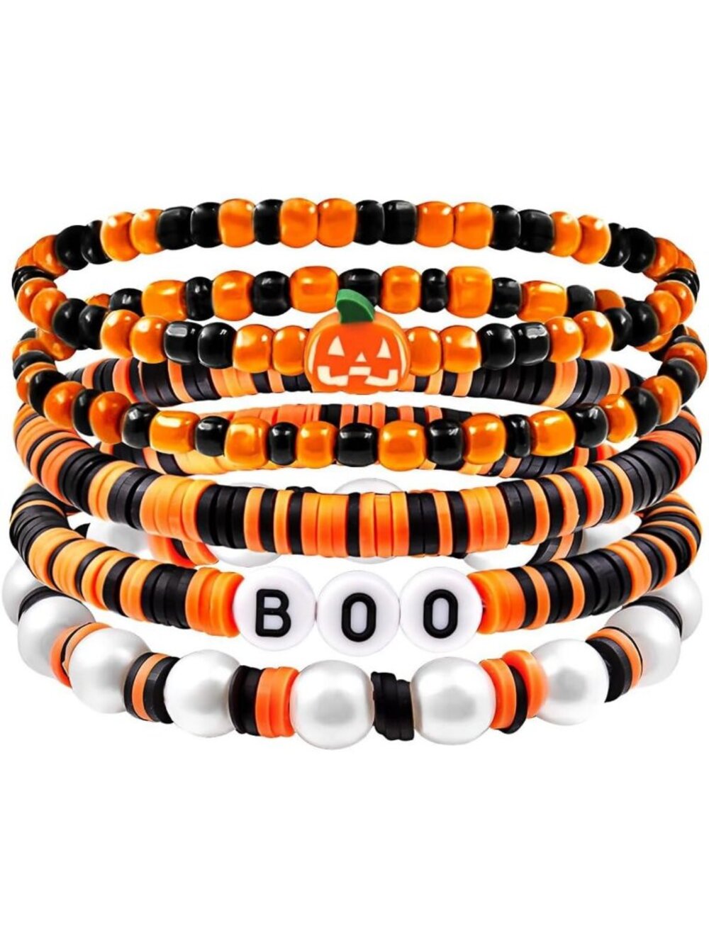 Women's Orange Black Charm Beaded Stack Pumpkin Skeleton Halloween Bracelet